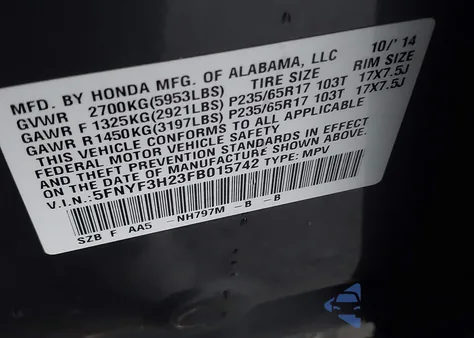 2015 Honda Pilot Lx z USA, uszkodzony, nr VIN 5FNYF3H23FB015742